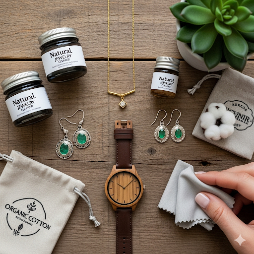 A stylized image showing a jewelry organizer with various rings, necklaces, and earrings, highlighting proper storage and care.